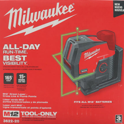 Milwaukee 3622-20 M12 12-Volt Lithium-Ion Cordless Green 125 ft. Cross Line and Plumb Points Laser Level (Tool-Only)