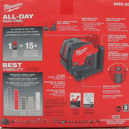 Milwaukee 3622-20 M12 12-Volt Lithium-Ion Cordless Green 125 ft. Cross Line and Plumb Points Laser Level (Tool-Only)