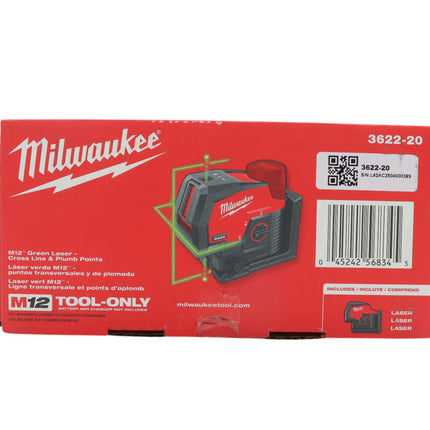 Milwaukee 3622-20 M12 12-Volt Lithium-Ion Cordless Green 125 ft. Cross Line and Plumb Points Laser Level (Tool-Only)