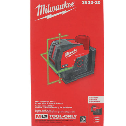 Milwaukee 3622-20 M12 12-Volt Lithium-Ion Cordless Green 125 ft. Cross Line and Plumb Points Laser Level (Tool-Only)
