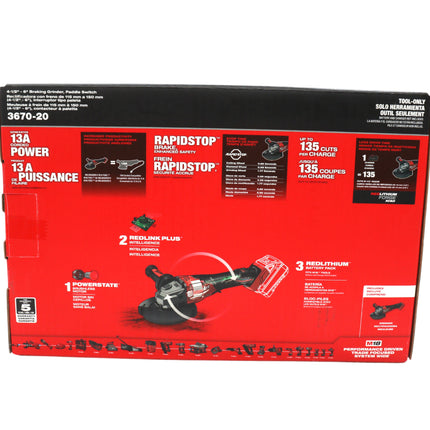 Milwaukee 3670-20 18V Cordless 4-1/2"-6" Braking Grinder – 9,000 RPM Brushless Motor, Rapid Brake, Paddle Switch, Anti-Vibration Side Handle, 5/8-11 Spindle, Durable Housing (Tool-Only)