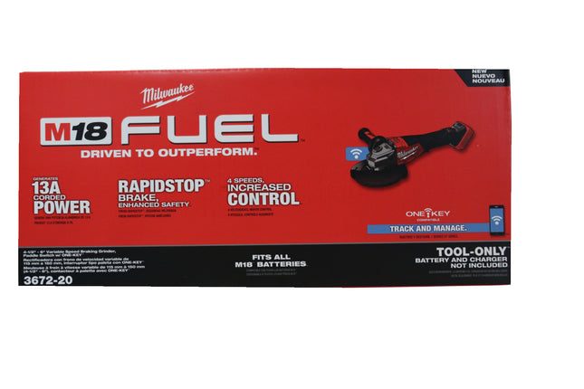 Milwaukee M18 FUEL 3672-20 Cordless 4-1/2" - 6" Variable Speed Braking Grinder with Paddle Switch and ONE-KEY (Tool Only)