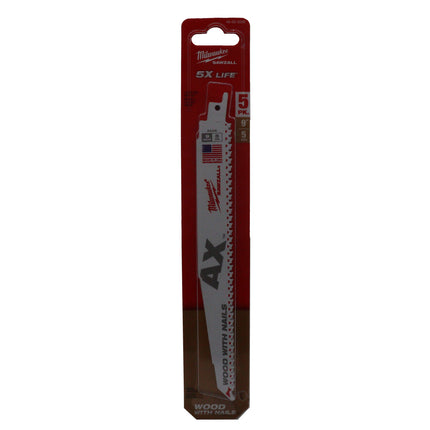 Milwaukee 9″ 5 TPI The Ax Sawzall Bi-Metal Reciprocating Saw Blade 5-Pack – Heavy-Duty Demolition & Nail-Embedded Wood Cutting, Universal 1/2″ Tang, Fast Plunge Performance