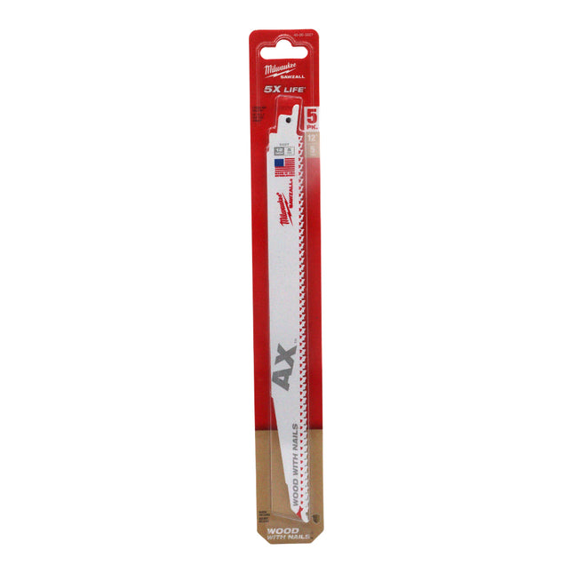 Milwaukee 48-00-5027S 12 in. 5 TPI AX Nail-Embedded Wood Cutting SAWZALL Reciprocating Saw Blades (5-Pack)