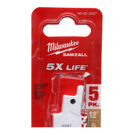 Milwaukee 48-00-5027S 12 in. 5 TPI AX Nail-Embedded Wood Cutting SAWZALL Reciprocating Saw Blades (5-Pack)