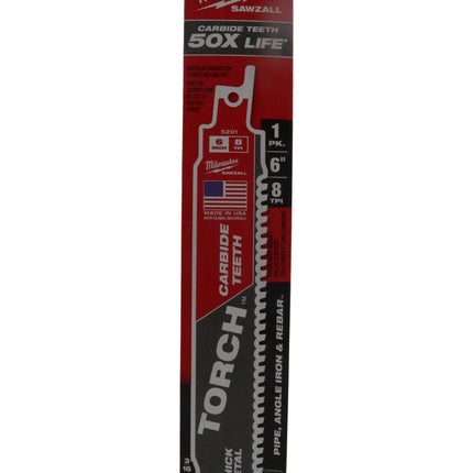 Milwaukee - The Torch 6″ 7 TPI Carbide Teeth Sawzall Reciprocating Saw Blade (1-Pack) – Extreme Metal Cutting, Up to 50× Longer Life, Thick & High-Strength Metal Performance