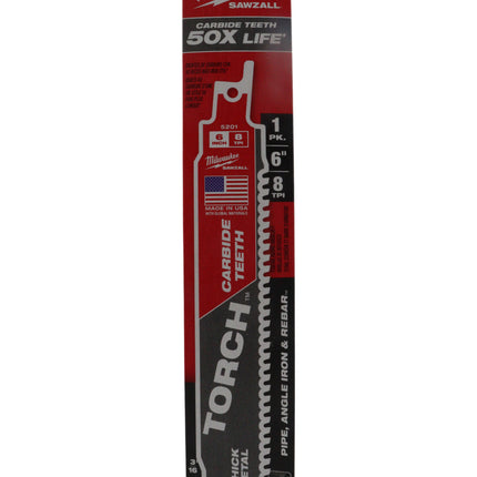 Milwaukee - The Torch 6″ 7 TPI Carbide Teeth Sawzall Reciprocating Saw Blade (1-Pack) – Extreme Metal Cutting, Up to 50× Longer Life, Thick & High-Strength Metal Performance