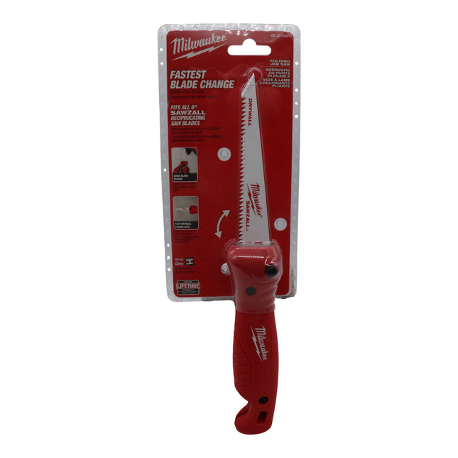 Milwaukee Folding Jab Saw – Universal 6″ Sawzall Blade Compatible, Quick-Swap Slide Lock Design, Ribbed Grip & Lanyard Hole, Folding Handle for Safe Storage – Professional Drywall Plunge/Cutting Tool