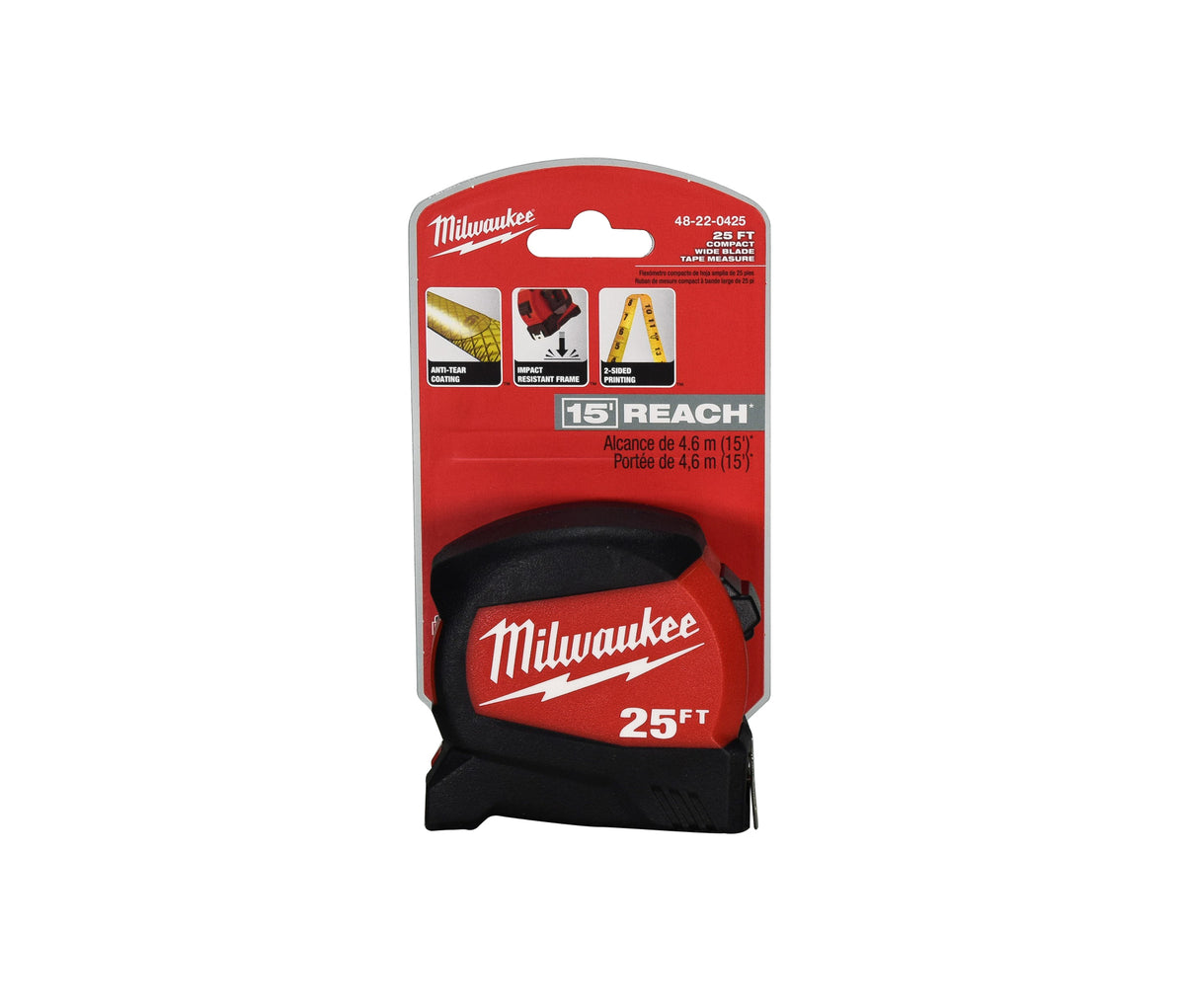 Milwaukee 48-22-0425 25 ft. x 1-3/16 in. Compact Wide Blade Tape Measure with 15 ft. Reach