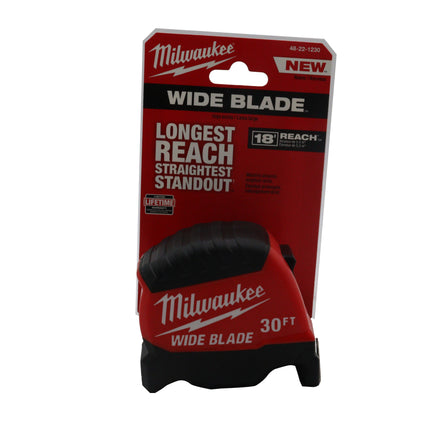 Milwaukee 48-22-1230 30 ft Wide Blade Tape Measure – Longest Reach with 18′ Reach & 15′ Standout, Double-Sided Anti-Tear Coating, Impact-Resistant Body, Large Hook & Architectural Scale