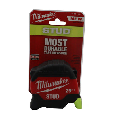 Milwaukee 48-22-1425 25 ft STUD™ Tape Measure – EXO360™ Rip & Wear Resistant Blade, Hi-Visibility Steel Blade, Impact-Resistant Body, 17′ Reach & 14′ Standout, Heavy-Duty Jobsite Measuring Tool
