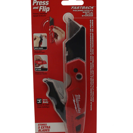 Milwaukee FASTBACK™ Folding Utility Knife with Blade Storage, Quick Change Press & Flip Opening, Metal Body, Wire Stripper, Gut Hook and Onboard Blade Storage