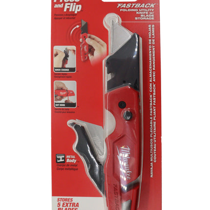 Milwaukee FASTBACK™ Folding Utility Knife with Blade Storage, Quick Change Press & Flip Opening, Metal Body, Wire Stripper, Gut Hook and Onboard Blade Storage