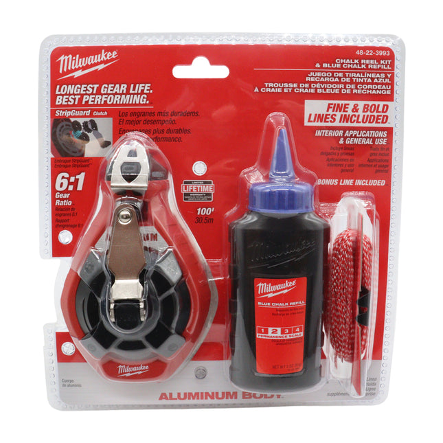 Milwaukee 100 ft Precision Line Chalk Reel Kit – Heavy-Duty Aluminum Chalk Reel with StripGuard™ Clutch, Planetary Gear System, Bonus Bold Line & Blue Chalk for Clean Marking on Construction Sites