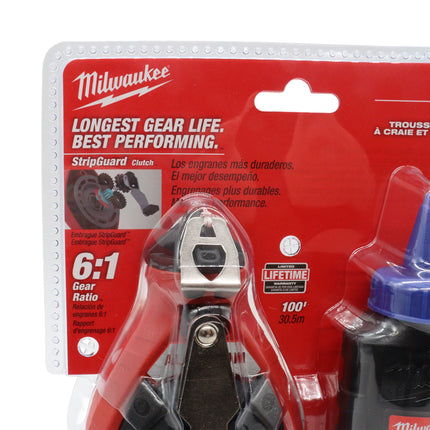 Milwaukee 100 ft Precision Line Chalk Reel Kit – Heavy-Duty Aluminum Chalk Reel with StripGuard™ Clutch, Planetary Gear System, Bonus Bold Line & Blue Chalk for Clean Marking on Construction Sites