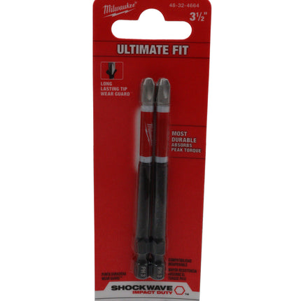 Milwaukee Shockwave Impact Duty 3-1/2″ Phillips #3 Power Driver Bits (2-Pack) – Alloy76 Steel, Wear Guard Tip, Optimized Shockzone Absorbs Torque, Built for Impact Drivers and Drill Drivers