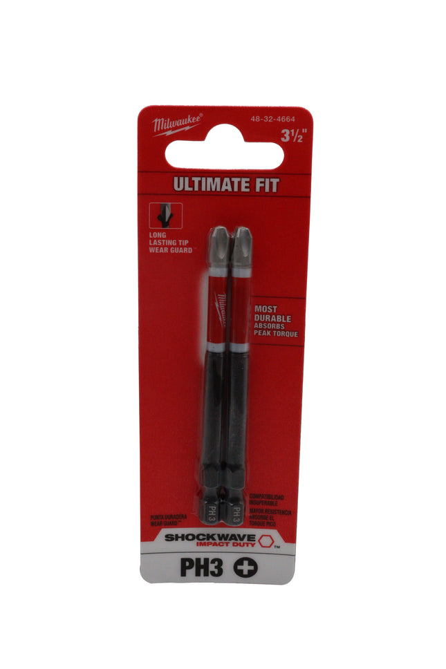 Milwaukee Shockwave Impact Duty 3-1/2″ Phillips #3 Power Driver Bits (2-Pack) – Alloy76 Steel, Wear Guard Tip, Optimized Shockzone Absorbs Torque, Built for Impact Drivers and Drill Drivers