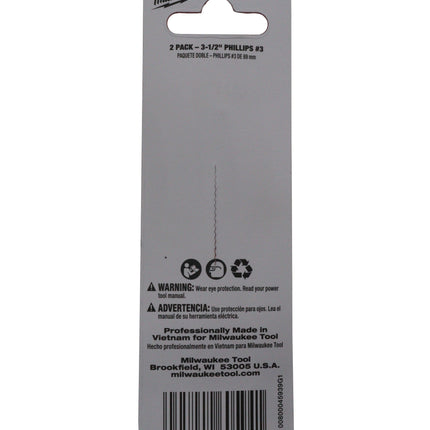 Milwaukee Shockwave Impact Duty 3-1/2″ Phillips #3 Power Driver Bits (2-Pack) – Alloy76 Steel, Wear Guard Tip, Optimized Shockzone Absorbs Torque, Built for Impact Drivers and Drill Drivers