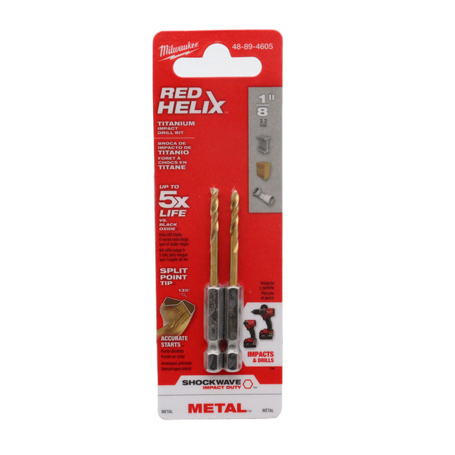 Milwaukee Shcokwave Red Helix Titanium Impact Duty 1/8″ Drill Bit – 1/4″ Hex Shank, 135° Split Point, Rapid Chip Removal, Impact-Rated for Drills & Drivers (2 Pack)