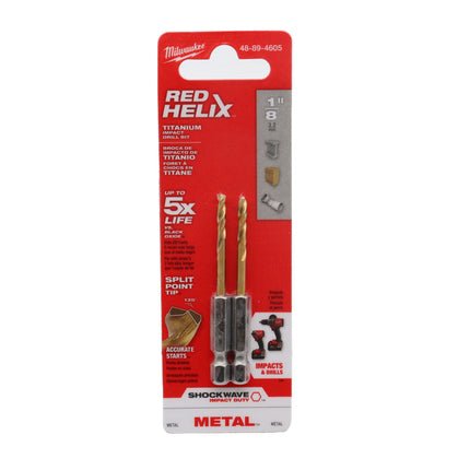 Milwaukee Shcokwave Red Helix Titanium Impact Duty 1/8″ Drill Bit – 1/4″ Hex Shank, 135° Split Point, Rapid Chip Removal, Impact-Rated for Drills & Drivers (2 Pack)