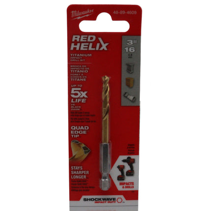 Milwaukee Shockwave Red Helix Titanium Impact Duty 3/16″ Drill Bit – 1/4″ Hex Shank, 135° Split Point, Rapid Chip Removal™ Technology, Titanium Coated for Extended Life – Professional Drill Accessory