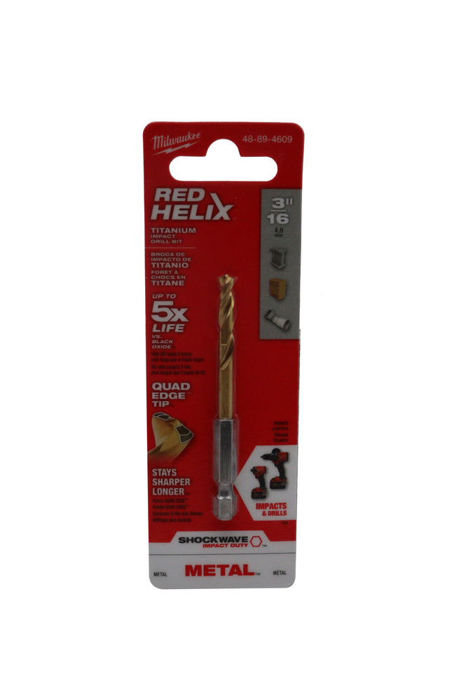 Milwaukee Shockwave Red Helix Titanium Impact Duty 3/16″ Drill Bit – 1/4″ Hex Shank, 135° Split Point, Rapid Chip Removal™ Technology, Titanium Coated for Extended Life – Professional Drill Accessory