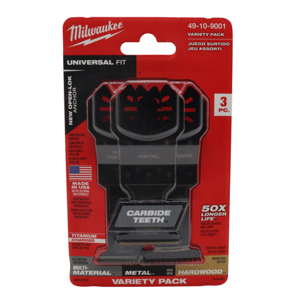 Milwaukee Open-Lok 3-Piece All-Purpose Oscillating Multi-Tool Blade Set, 1-3/8″ Carbide Teeth Metal Blade + Titanium Enhanced Bi-Metal Multi-Material Blade + HCS Japanese Tooth Hardwood Blade