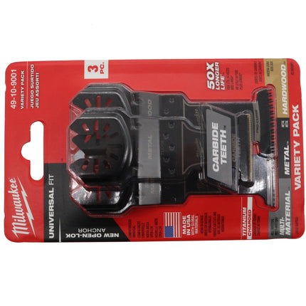 Milwaukee Open-Lok 3-Piece All-Purpose Oscillating Multi-Tool Blade Set, 1-3/8″ Carbide Teeth Metal Blade + Titanium Enhanced Bi-Metal Multi-Material Blade + HCS Japanese Tooth Hardwood Blade