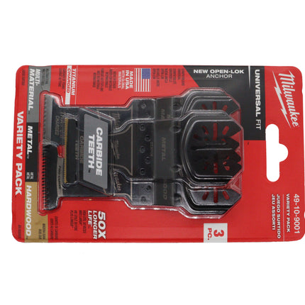 Milwaukee Open-Lok 3-Piece All-Purpose Oscillating Multi-Tool Blade Set, 1-3/8″ Carbide Teeth Metal Blade + Titanium Enhanced Bi-Metal Multi-Material Blade + HCS Japanese Tooth Hardwood Blade