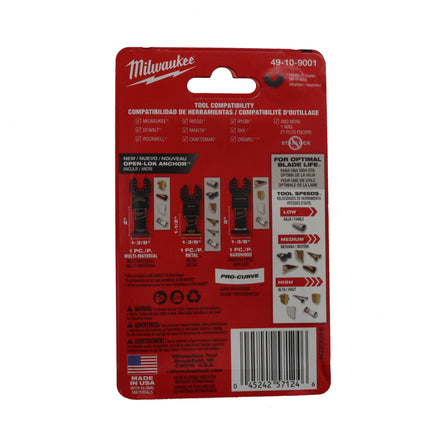 Milwaukee Open-Lok 3-Piece All-Purpose Oscillating Multi-Tool Blade Set, 1-3/8″ Carbide Teeth Metal Blade + Titanium Enhanced Bi-Metal Multi-Material Blade + HCS Japanese Tooth Hardwood Blade
