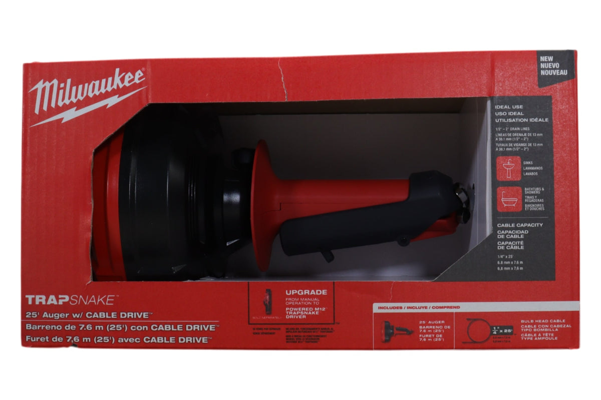 Milwaukee 49-16-2573 TRAPSNAKE 25' Auger with CABLE DRIVE, 1/4" x 25' Cable for 1/2" to 2" Drain Lines, Compatible with M12 TRAPSNAKE Driver, Ideal for Sinks, Bathtubs, and Showers (Tool Only)
