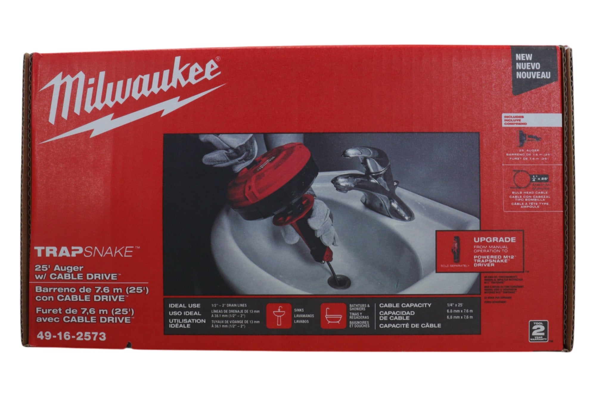 Milwaukee 49-16-2573 TRAPSNAKE 25' Auger with CABLE DRIVE, 1/4" x 25' Cable for 1/2" to 2" Drain Lines, Compatible with M12 TRAPSNAKE Driver, Ideal for Sinks, Bathtubs, and Showers (Tool Only)
