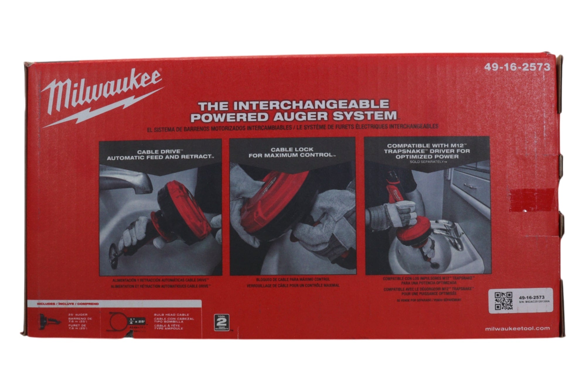 Milwaukee 49-16-2573 TRAPSNAKE 25' Auger with CABLE DRIVE, 1/4" x 25' Cable for 1/2" to 2" Drain Lines, Compatible with M12 TRAPSNAKE Driver, Ideal for Sinks, Bathtubs, and Showers (Tool Only)