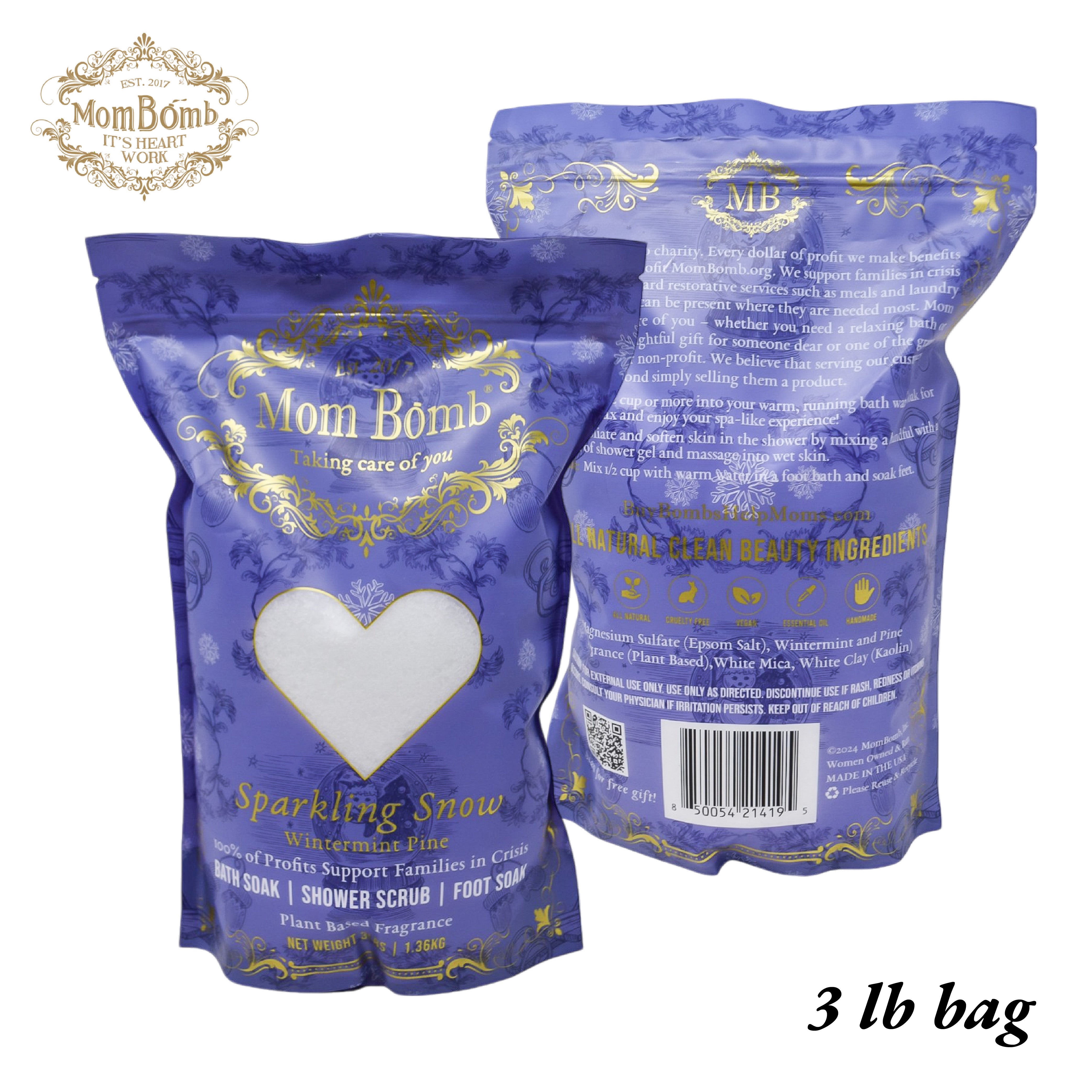 Mom Bomb Sparkling Snow Bath Soaks 3 lbs of Pure Tranquility