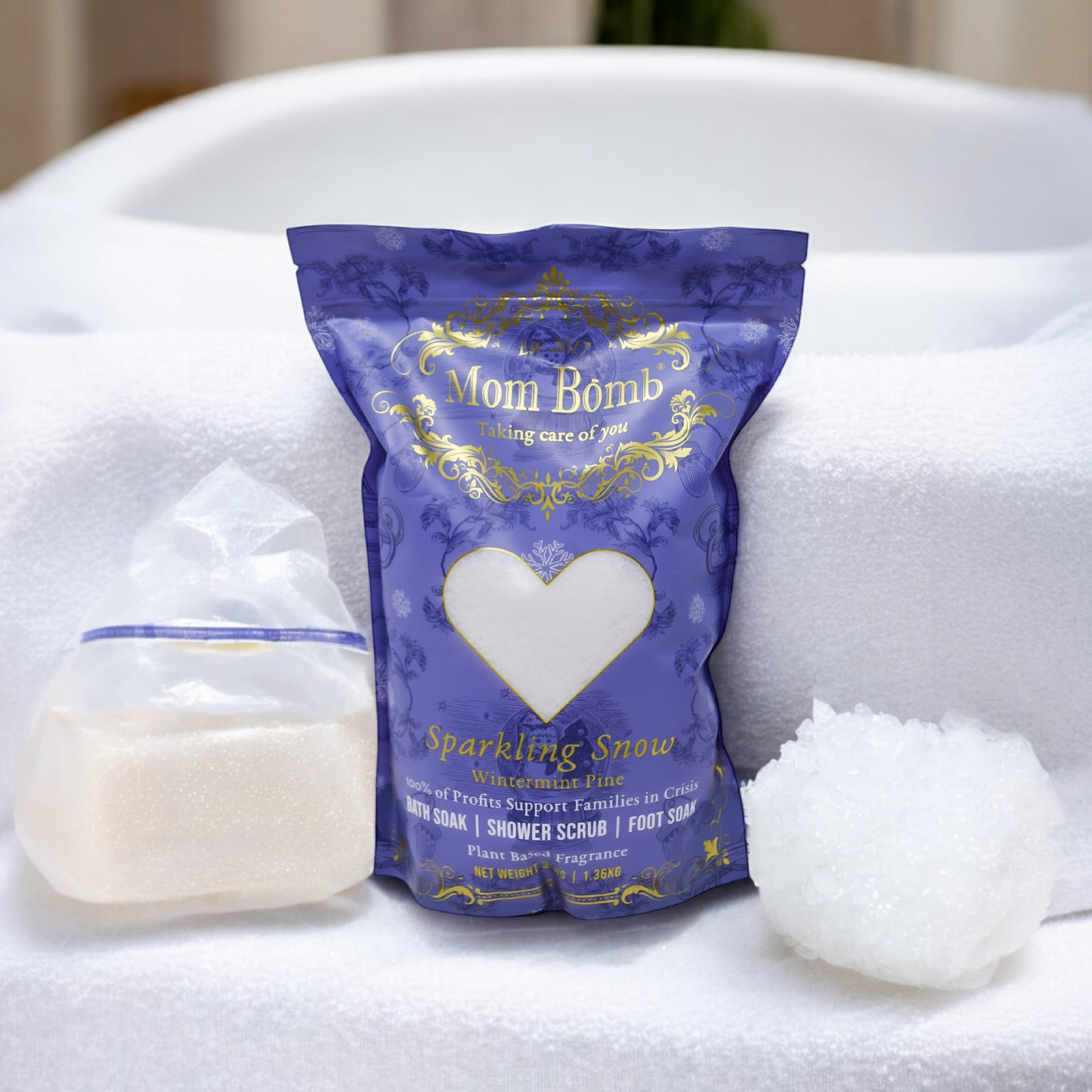 Mom Bomb Sparkling Snow Bath Soaks 3 lbs of Pure Tranquility (3 Pack)