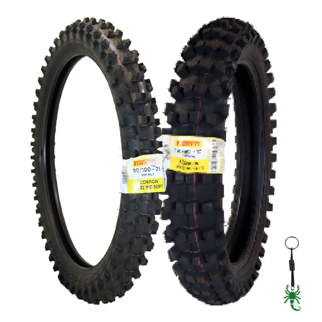 Pirelli Scorpion MX32 Mid Soft Motocross Tire Set - 80/100-21 Front & 100/90-19 Rear Bias Tube Type Dirt Bike Tires - Professional Off-Road Racing Combo for Soft Terrain - Includes Pirelli Keychain