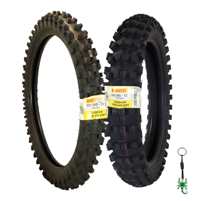 Pirelli Scorpion MX32 Mid Soft Motocross Tire Set - 80/100-21 Front & 110/90-19 Rear Bias Tube Type Dirt Bike Tires - Professional Off-Road Racing Combo for Soft Terrain - Includes Pirelli Keychain
