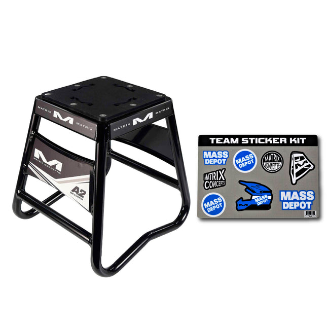 Matrix Concepts Mini A2 Aluminum Stand  /Mass Depot Sticker Pack - Black | Lightweight 6063 Aircraft Aluminum Youth Motocross Bike Lift| 150 lb Capacity | Non-Slip Rubber Top & Compact 8" x 8" Base