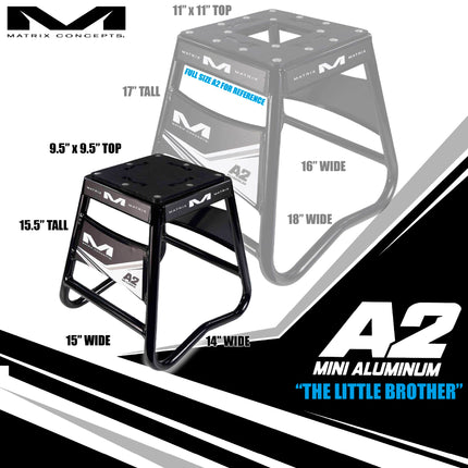 Matrix Concepts Mini A2 Aluminum Stand  /Mass Depot Sticker Pack - Black | Lightweight 6063 Aircraft Aluminum Youth Motocross Bike Lift| 150 lb Capacity | Non-Slip Rubber Top & Compact 8" x 8" Base