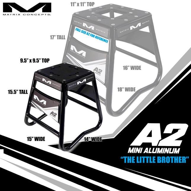 Matrix Concepts Mini A2 Aluminum Stand  /Mass Depot Sticker Pack - Black | Lightweight 6063 Aircraft Aluminum Youth Motocross Bike Lift| 150 lb Capacity | Non-Slip Rubber Top & Compact 8" x 8" Base