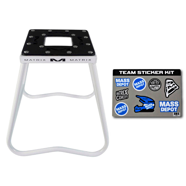 Matrix Concepts C1 Steel Stand /Mass Depot Sticker Pack - White | Heavy-Duty Carbon Steel Motorcycle Lift | 300 lb Capacity Motocross Dirt Bike Stand | Non-Slip Rubber Top