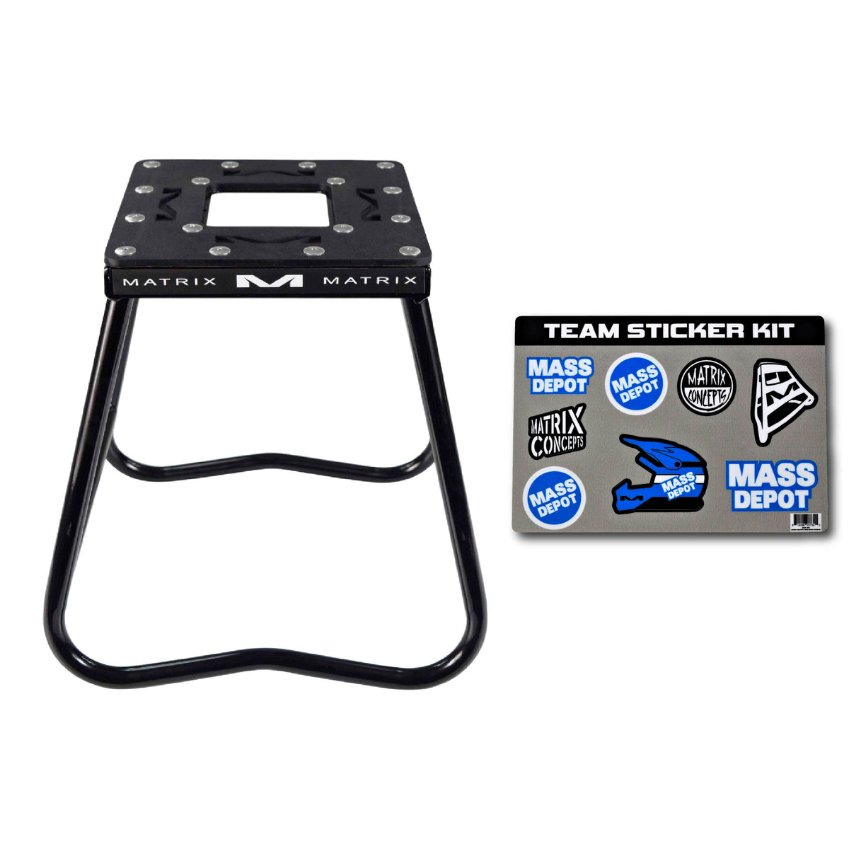 Matrix Concepts C1 Steel Stand /Mass Depot Sticker Pack - Black | Heavy-Duty Carbon Steel Motorcycle Lift | 300 lb Capacity Motocross Dirt Bike Stand | Non-Slip Rubber Top