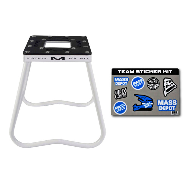 Matrix Concepts C1 Mini Steel Stand /Mass Depot Sticker Pack - White | Heavy-Duty Carbon Steel Youth Motocross Lift | 150 lb Capacity | Non-Slip Rubber Top