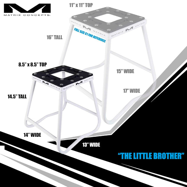 Matrix Concepts C1 Mini Steel Stand /Mass Depot Sticker Pack - White | Heavy-Duty Carbon Steel Youth Motocross Lift | 150 lb Capacity | Non-Slip Rubber Top