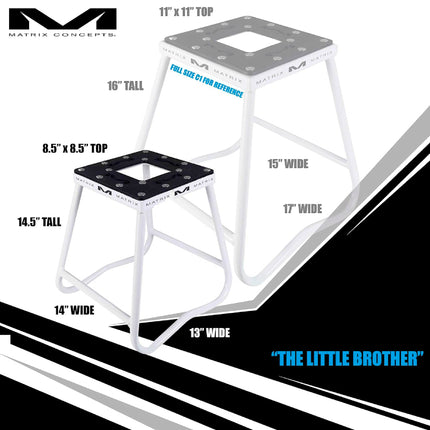 Matrix Concepts C1 Mini Steel Stand /Mass Depot Sticker Pack - White | Heavy-Duty Carbon Steel Youth Motocross Lift | 150 lb Capacity | Non-Slip Rubber Top