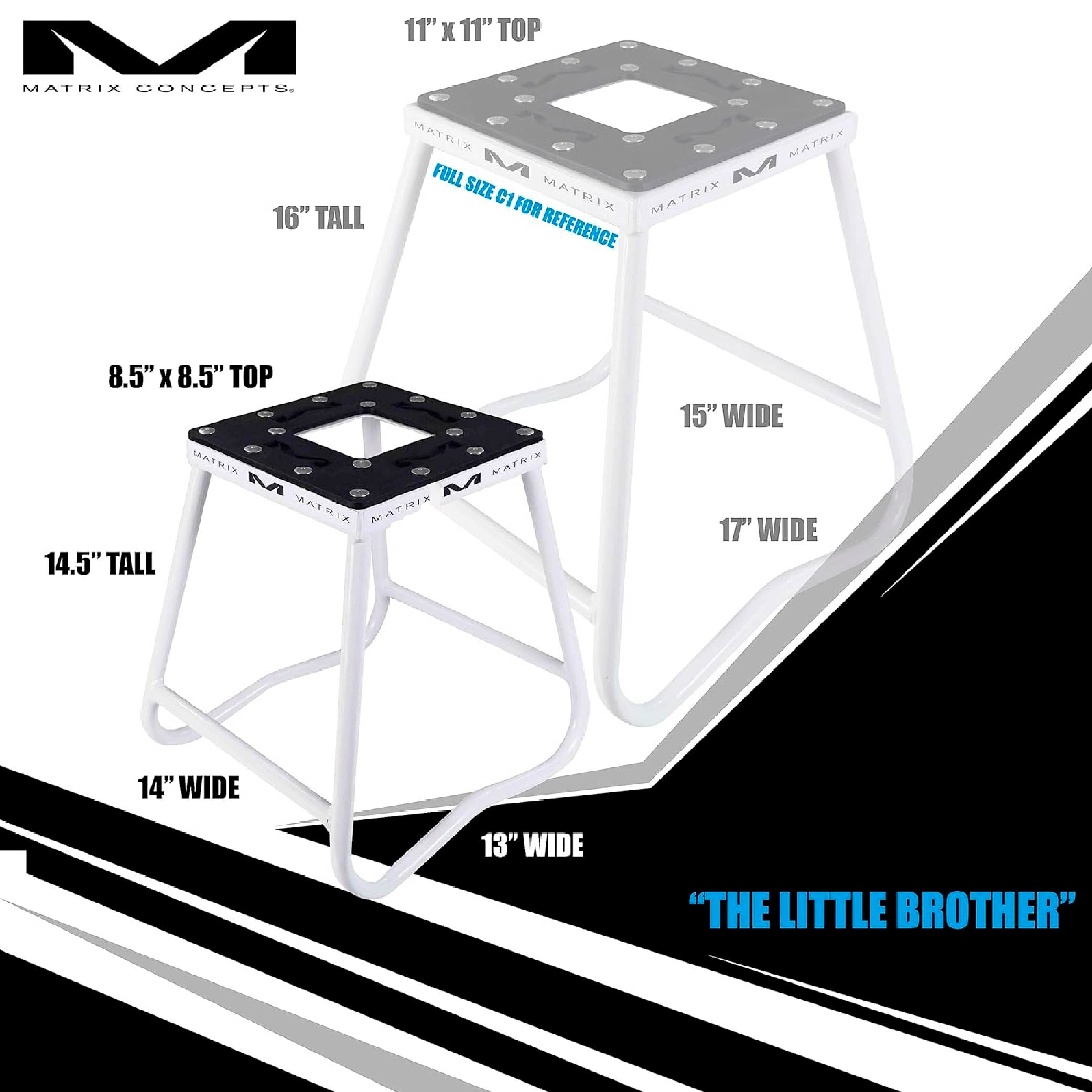 Matrix Concepts C1 Mini Steel Stand /Mass Depot Sticker Pack - White | Heavy-Duty Carbon Steel Youth Motocross Lift | 150 lb Capacity | Non-Slip Rubber Top