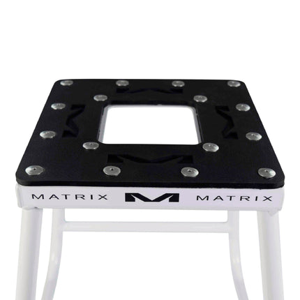 Matrix Concepts C1 Mini Steel Stand /Mass Depot Sticker Pack - White | Heavy-Duty Carbon Steel Youth Motocross Lift | 150 lb Capacity | Non-Slip Rubber Top