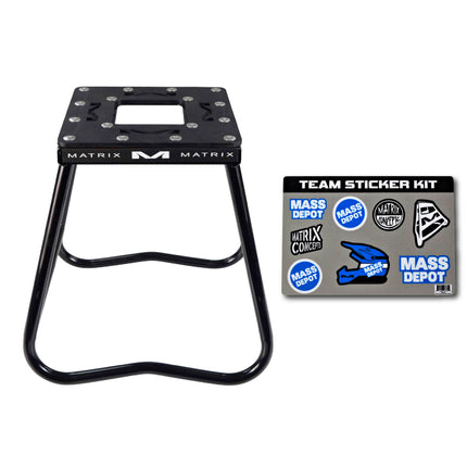 Matrix Concepts C1 Mini Steel Stand /Mass Depot Sticker Pack- Black | Heavy-Duty Carbon Steel Youth Motocross Lift | 150 lb Capacity | Non-Slip Rubber Top