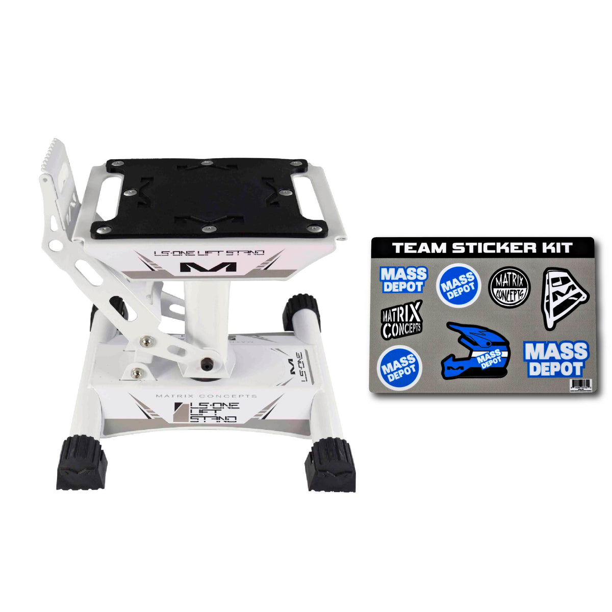 Matrix Concepts LS-ONE Lift Stand /Mass Depot Sticker Pack - White | Foot-Operated 500 lb Motorcycle Lift | Carbon Steel Motocross Dirt Bike Jack | Self-Locking Pedal & Wide Platform w/ Carry Handles