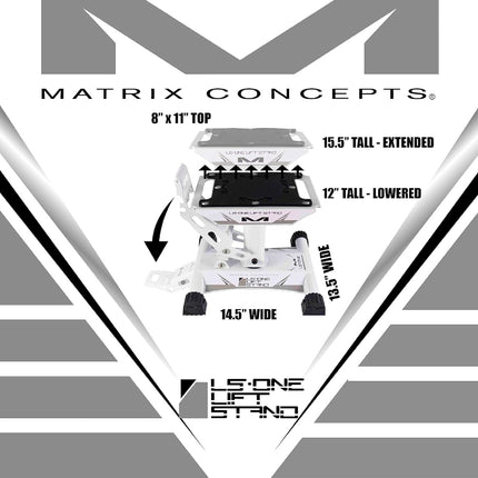 Matrix Concepts LS-ONE Lift Stand /Mass Depot Sticker Pack - White | Foot-Operated 500 lb Motorcycle Lift | Carbon Steel Motocross Dirt Bike Jack | Self-Locking Pedal & Wide Platform w/ Carry Handles